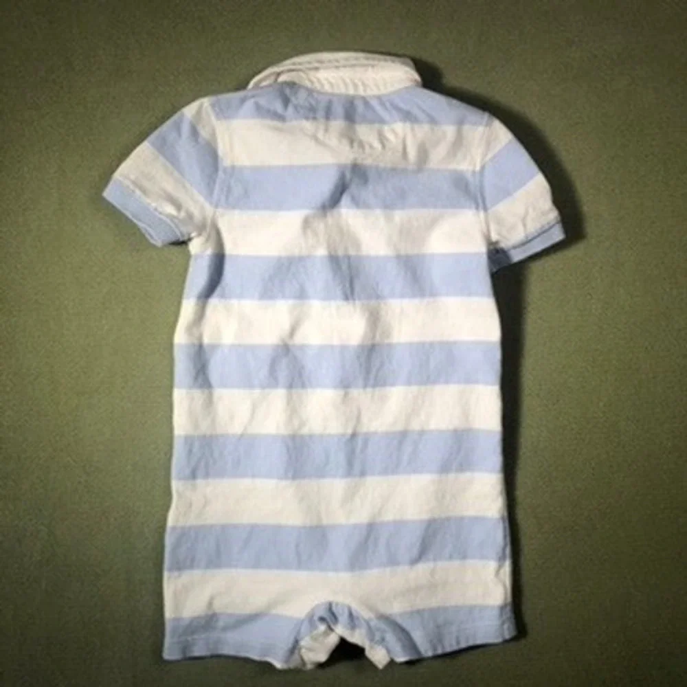 Ralph Lauren Polo Romper Boys 24M Blue White Striped Short Sleeve Cotton Pique